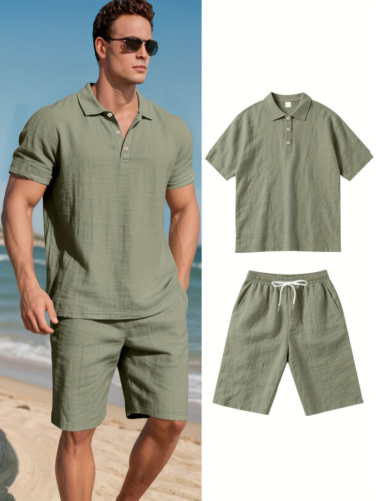 Men's Linen Polo and Shorts Ensemble – Relaxed and Comfortable for Warm Weather