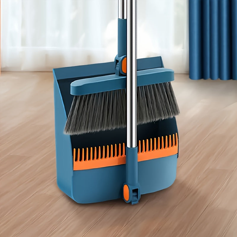 Rotatable Long Handle Broom and Dustpan Set with Built-In Comb Teeth