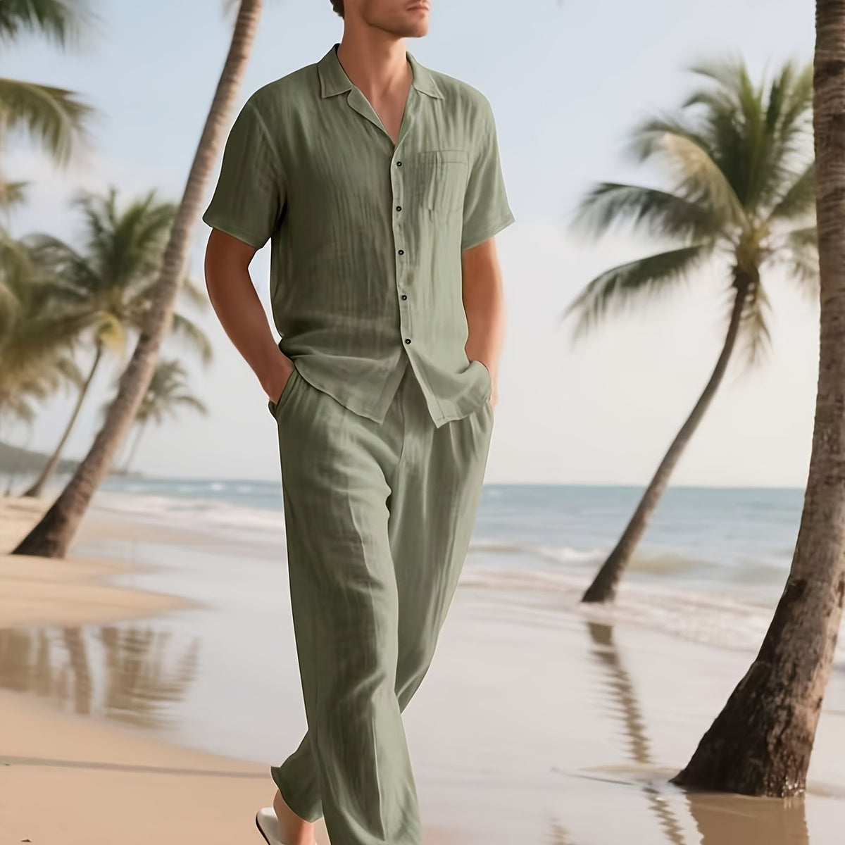 Men's Relaxed Linen Outfit – Lightweight and Breezy with Long Pants and Short Sleeves