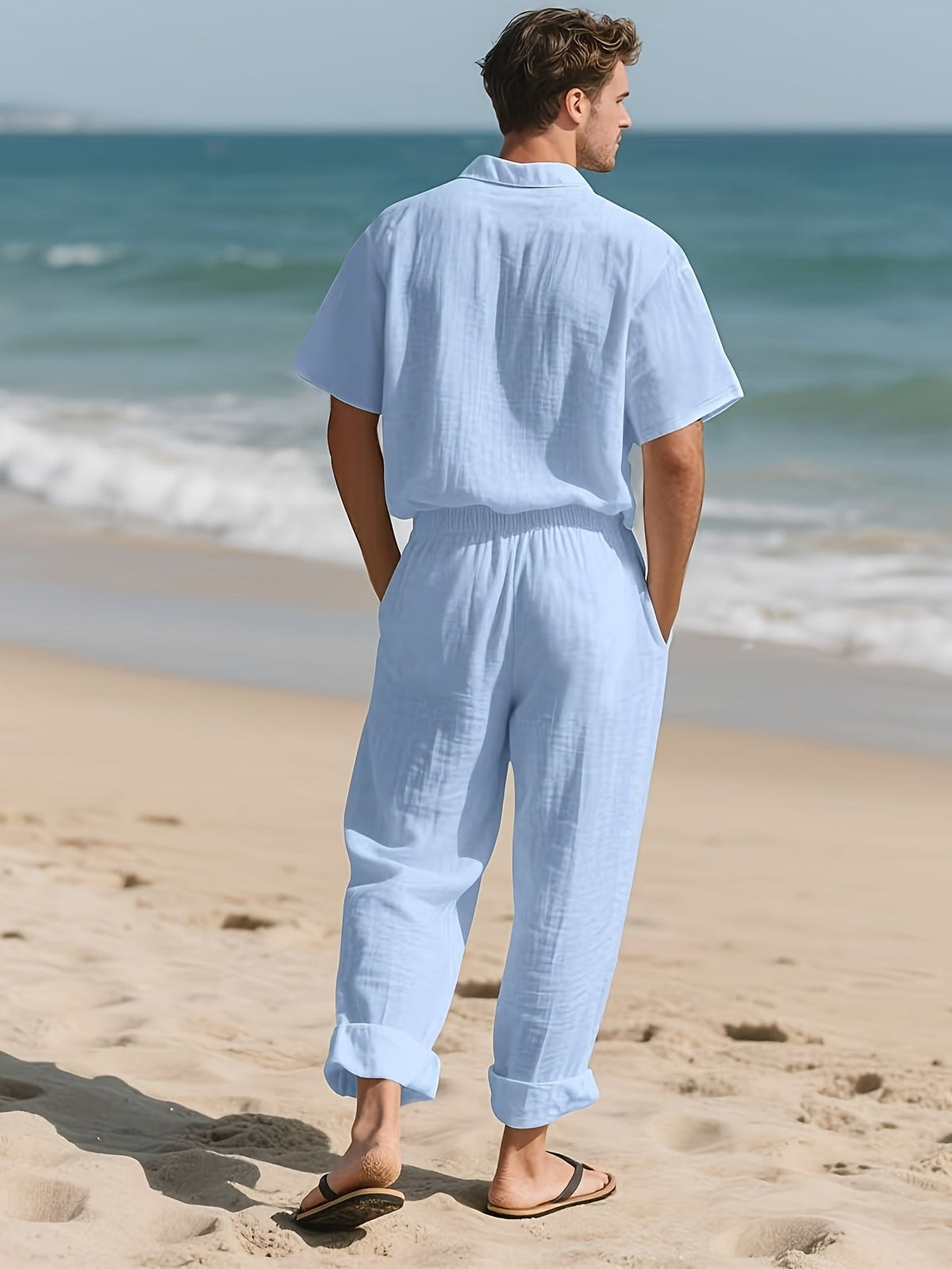 Men's Relaxed Linen Outfit – Lightweight and Breezy with Long Pants and Short Sleeves