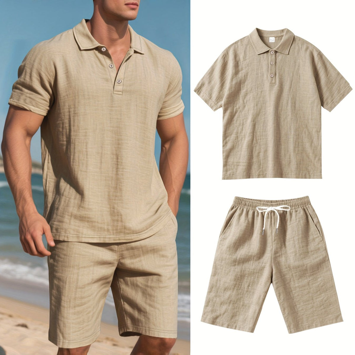 Men's Linen Polo and Shorts Ensemble – Relaxed and Comfortable for Warm Weather