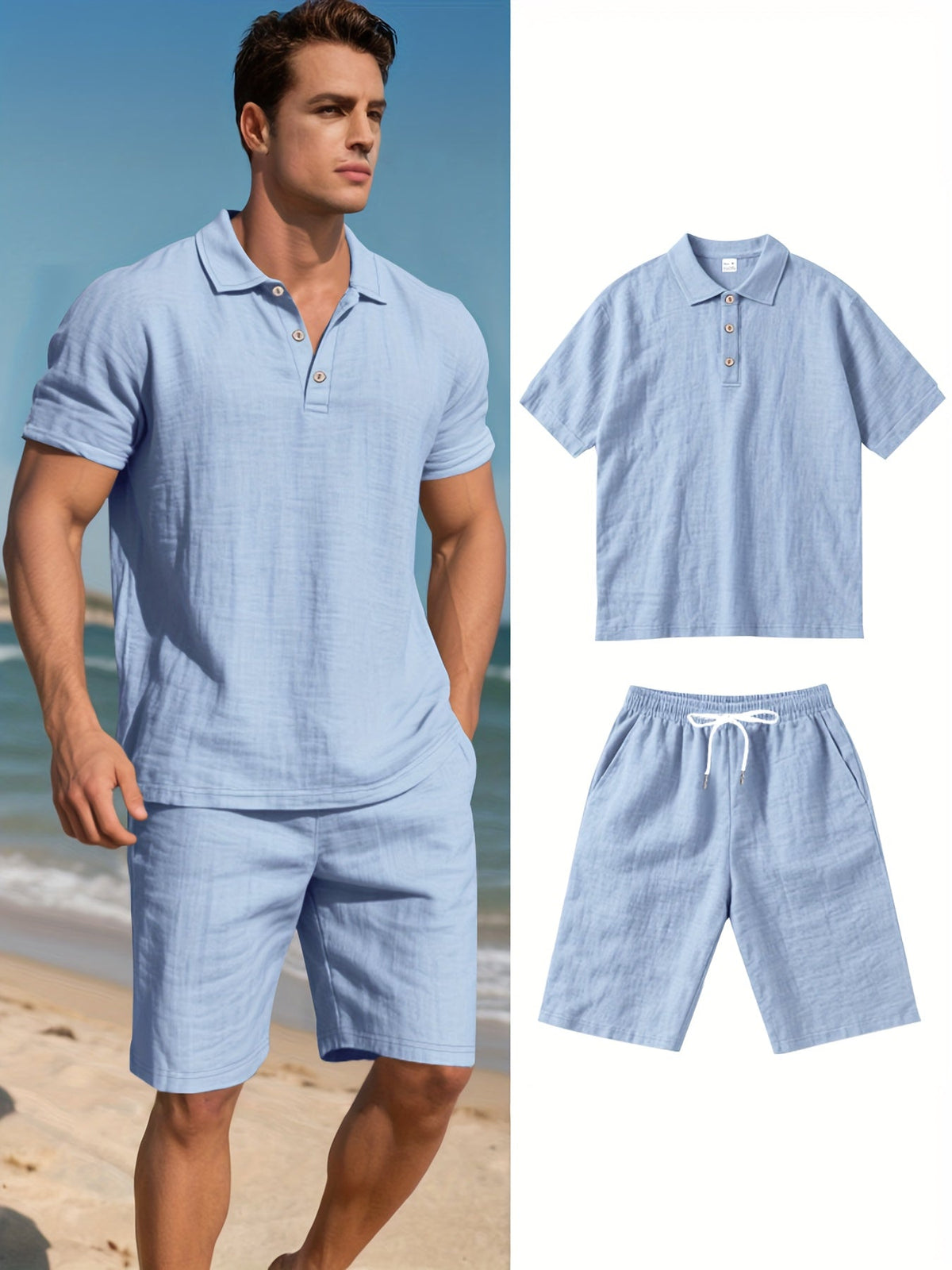 Men's Linen Polo and Shorts Ensemble – Relaxed and Comfortable for Warm Weather