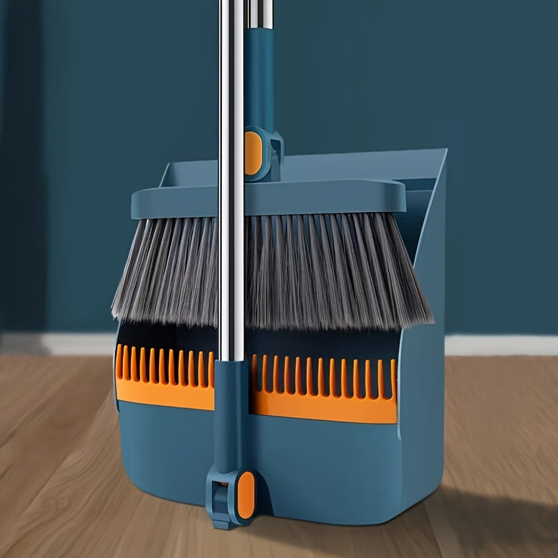 Rotatable Long Handle Broom and Dustpan Set with Built-In Comb Teeth