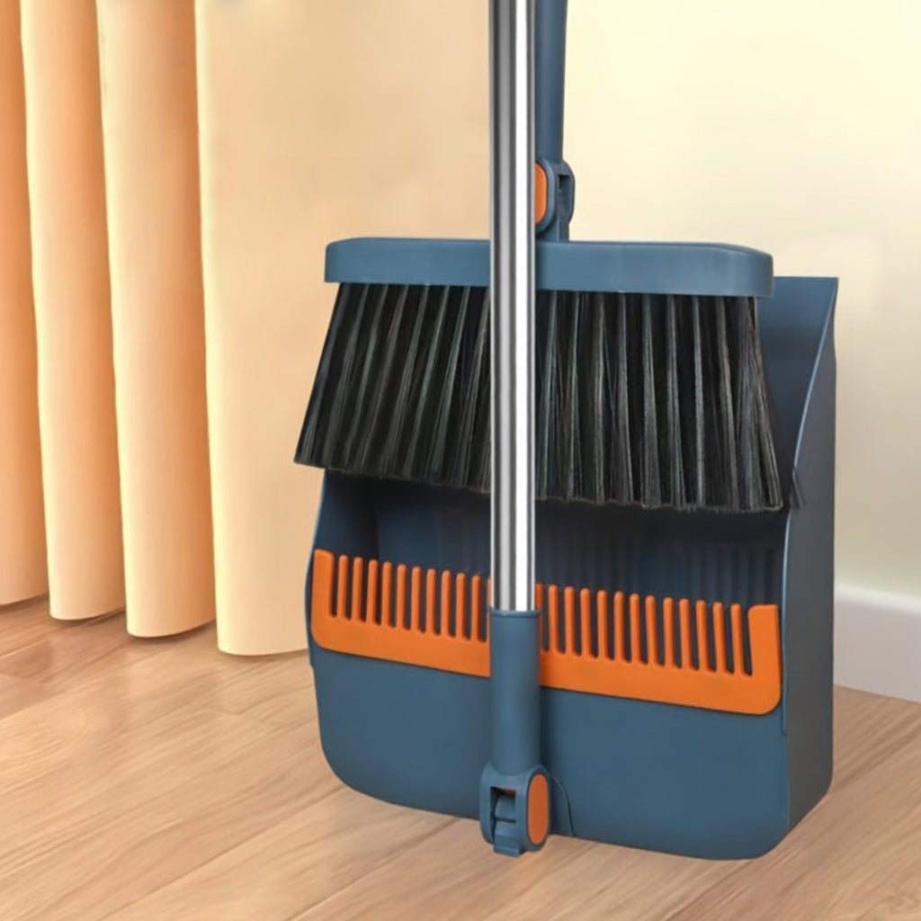 Rotatable Long Handle Broom and Dustpan Set with Built-In Comb Teeth