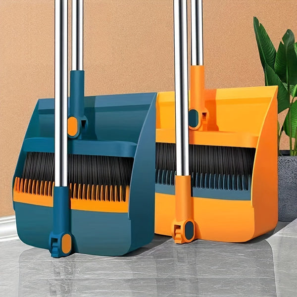 Rotatable Long Handle Broom and Dustpan Set with Built-In Comb Teeth