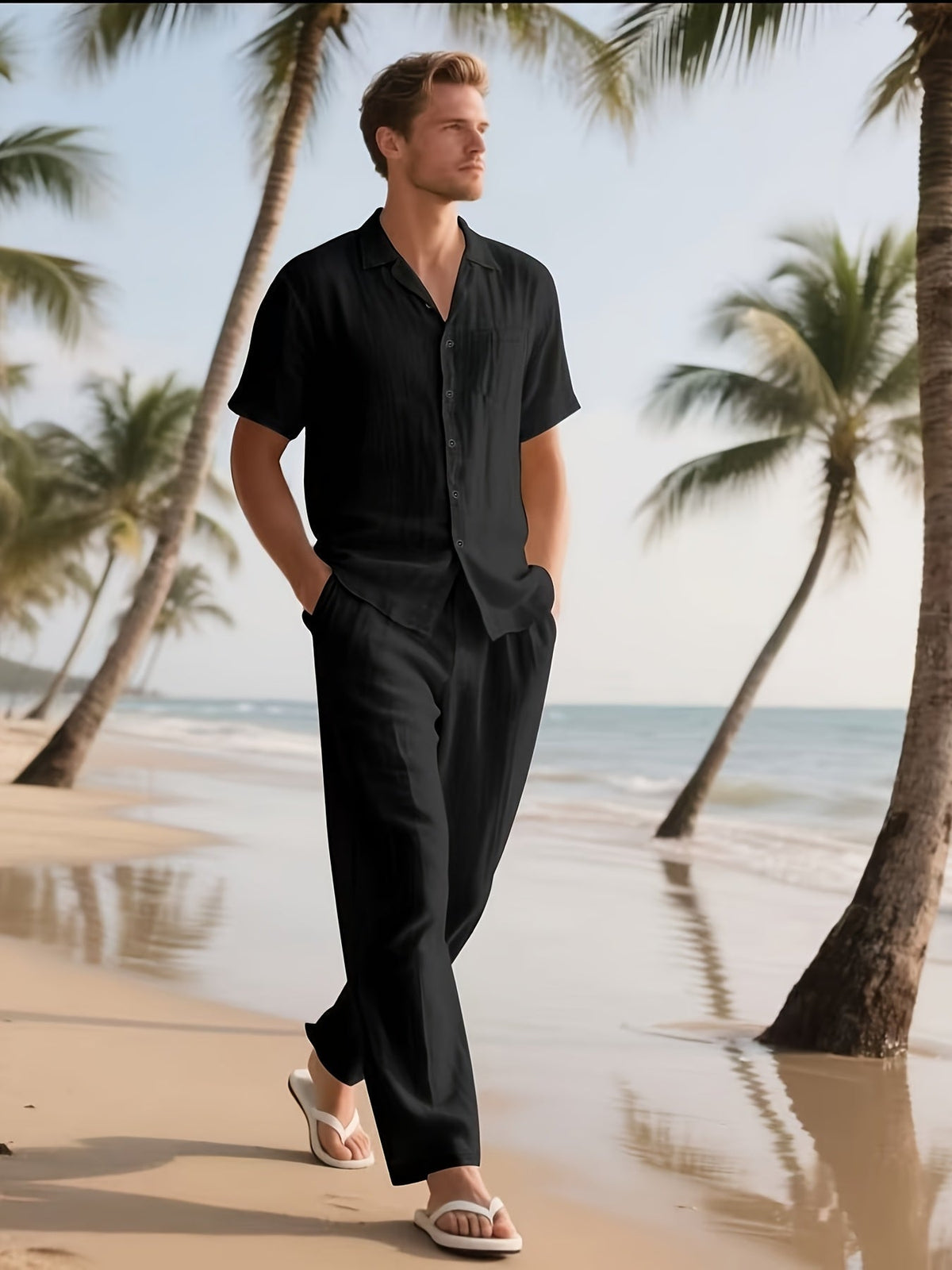 Men's Relaxed Linen Outfit – Lightweight and Breezy with Long Pants and Short Sleeves