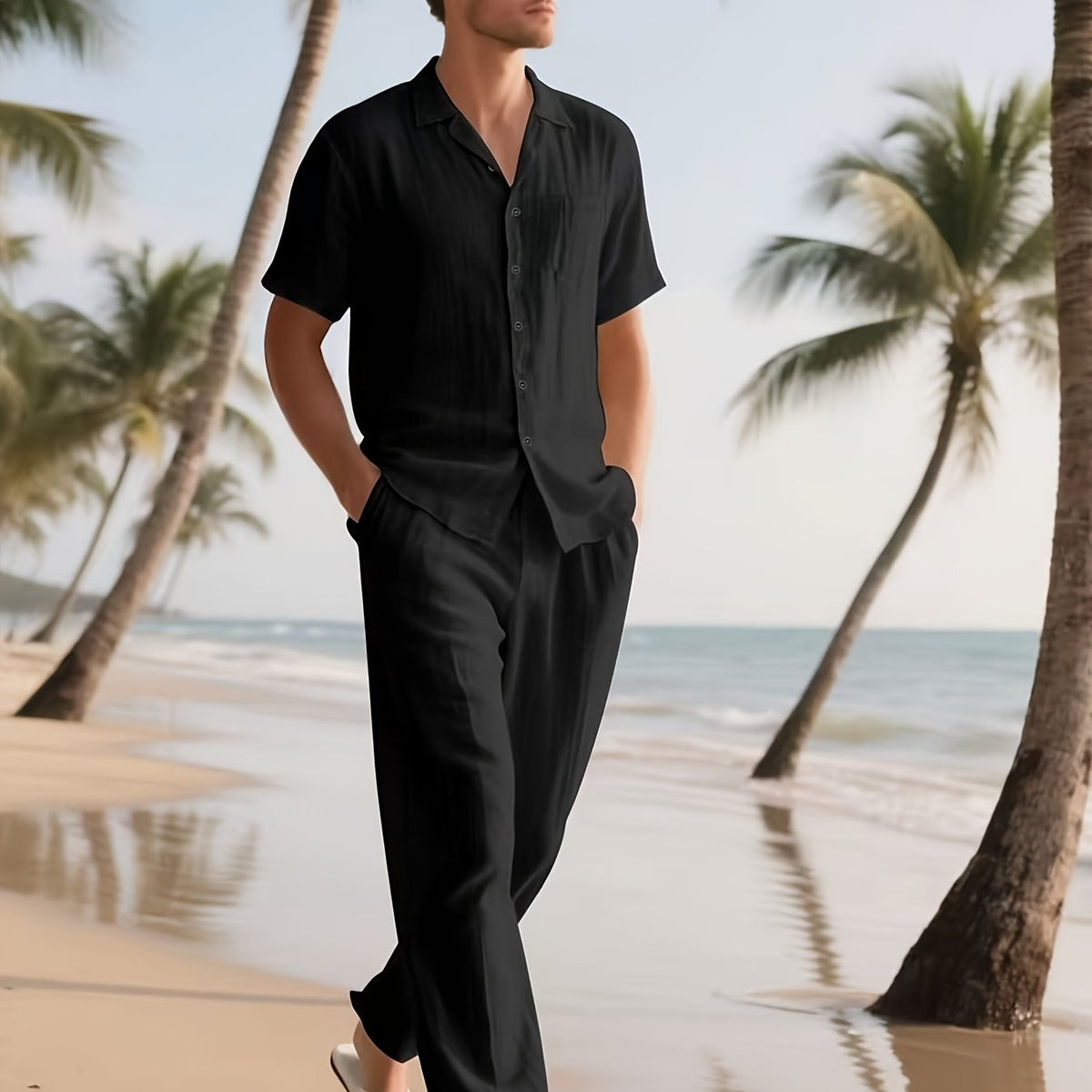 Men's Relaxed Linen Outfit – Lightweight and Breezy with Long Pants and Short Sleeves