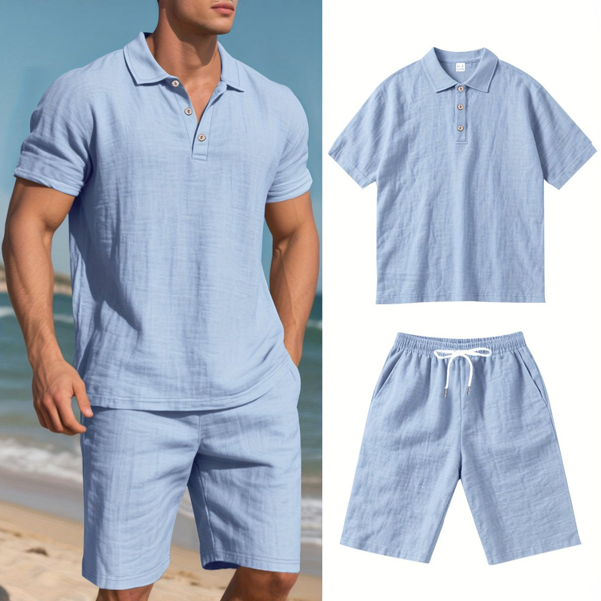 Men's Linen Polo and Shorts Ensemble – Relaxed and Comfortable for Warm Weather
