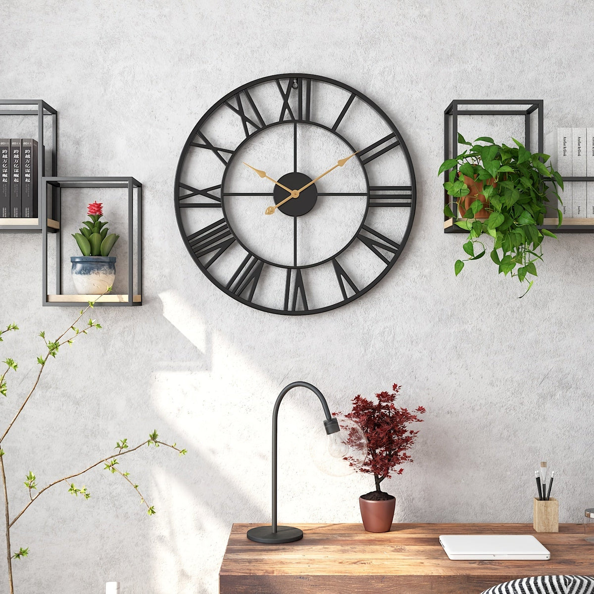 Vintage Round Silent Wall Clock with Metal Frame for Bedroom