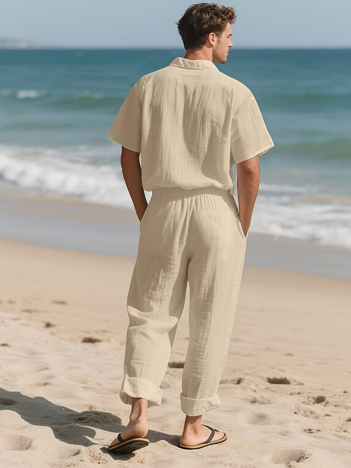 Men's Relaxed Linen Outfit – Lightweight and Breezy with Long Pants and Short Sleeves
