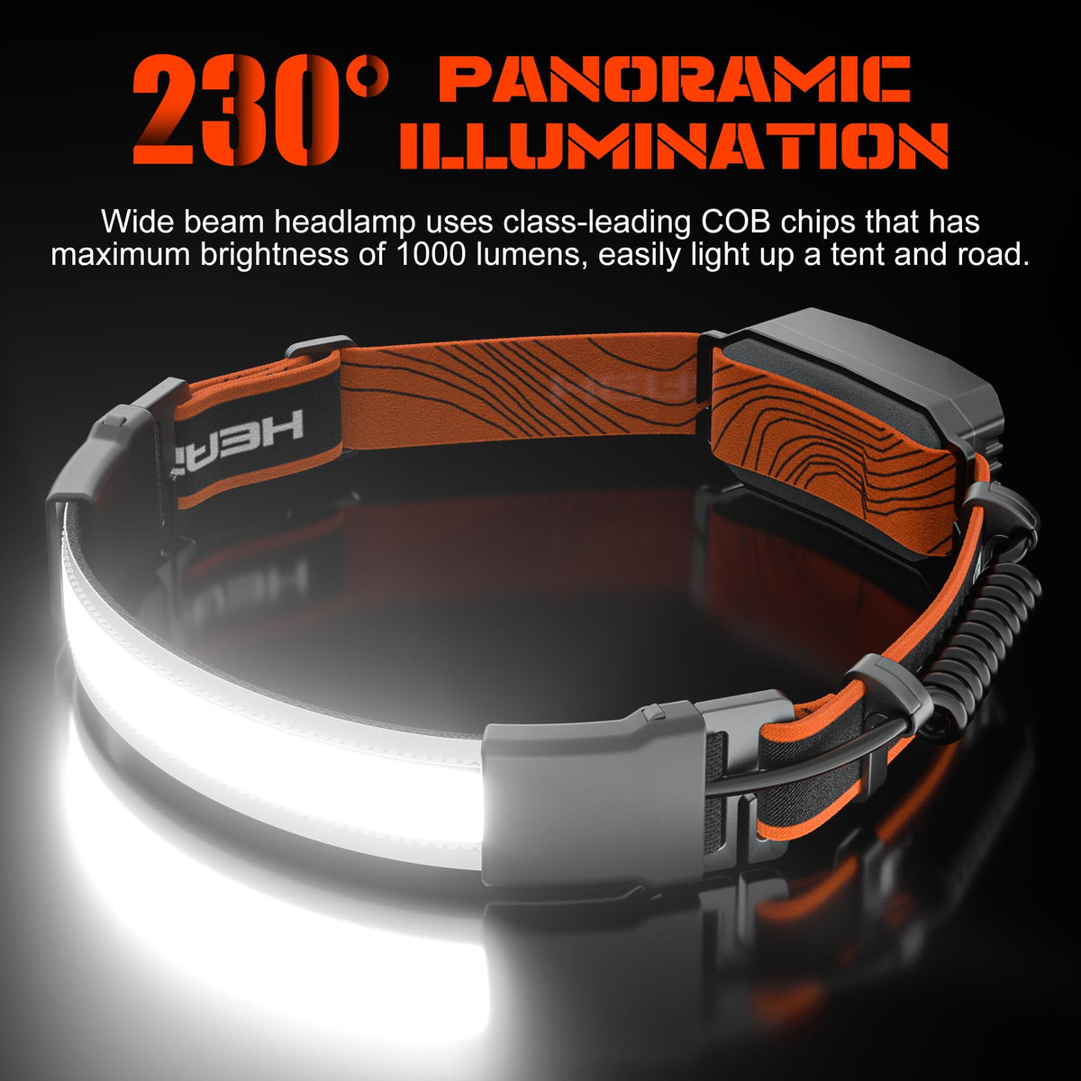 Rechargeable Headlamp 1000 Lumens, 230° Wide Angle, Waterproof, 2-Pack, Orange