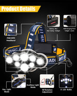 18000 Lumen Rechargeable Headlamp, 8 Modes, Waterproof, USB, Red & White Light