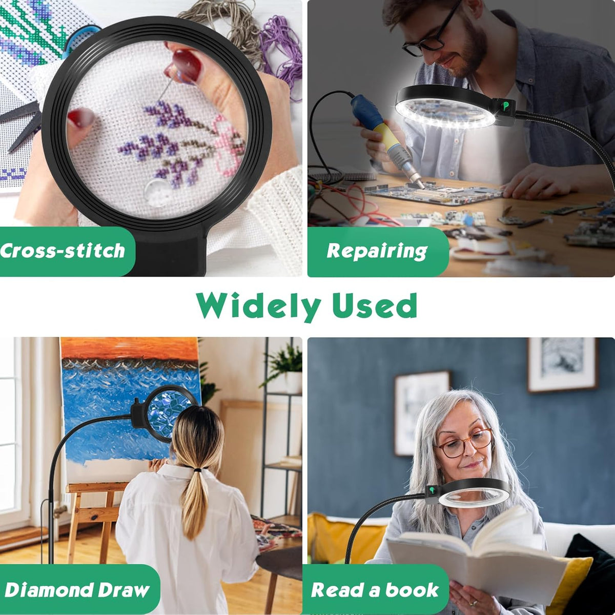 Full-Sided Magnifying Glass with LED Light – Hands-Free Reading Aid for Books, Crafts, and Hobbies