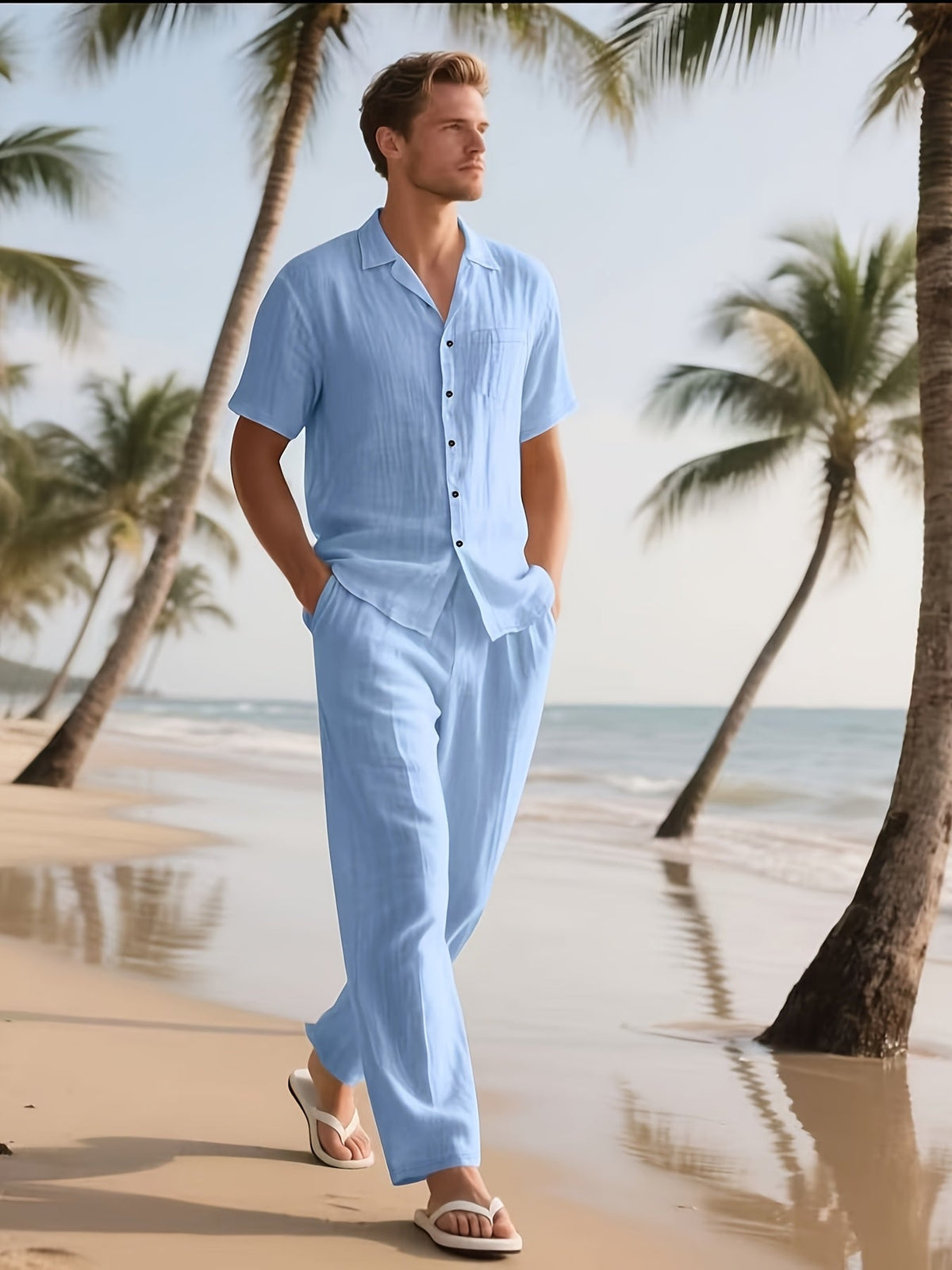 Men's Relaxed Linen Outfit – Lightweight and Breezy with Long Pants and Short Sleeves