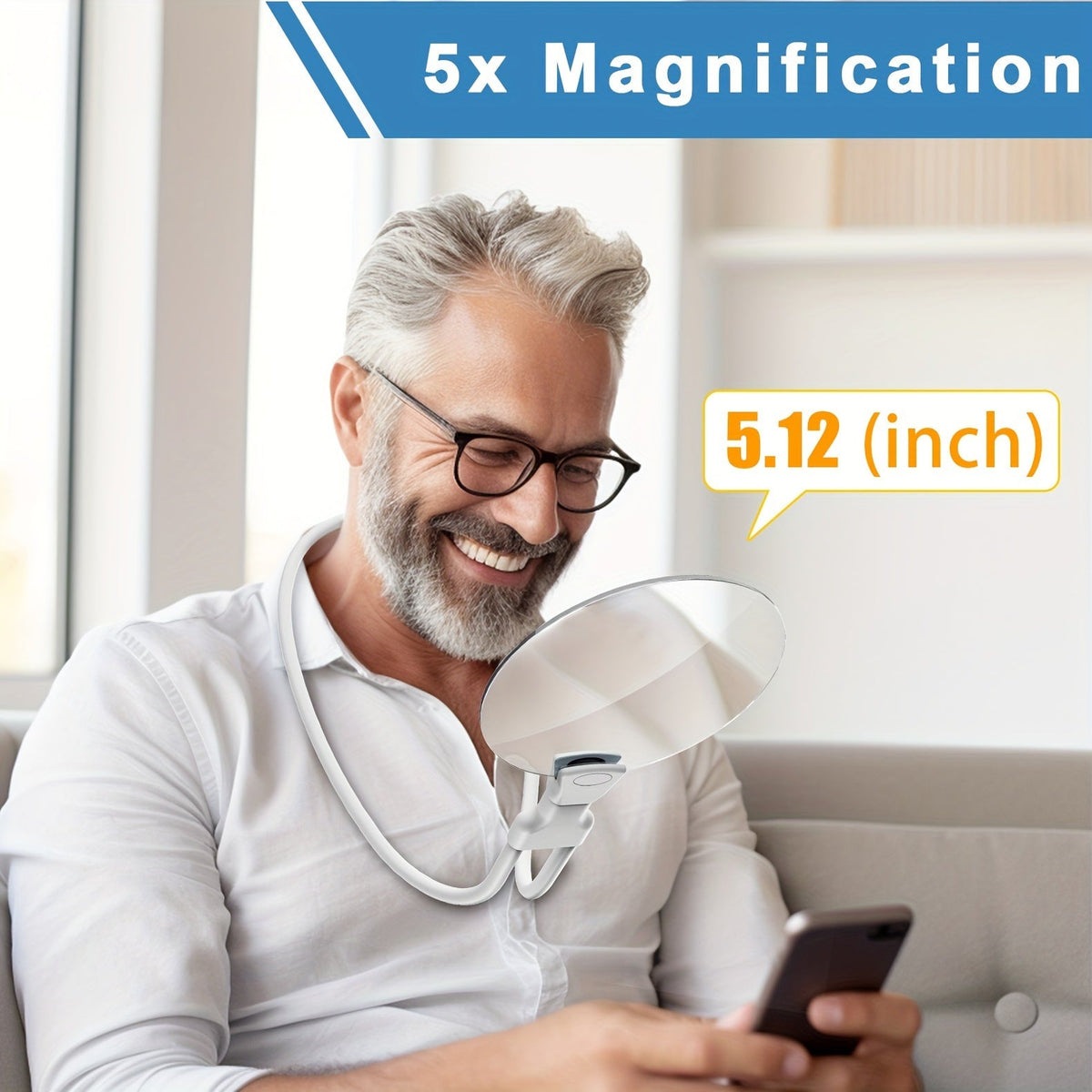 5X Magnifying Glass Pro – Hands-free Adjustable Neck Loupe for the Elderly and Visually Impaired – Ideal for Reading, Sewing, Crafting, and Inspection