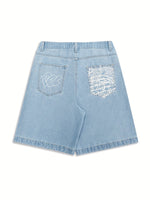 Relaxed Fit Bermuda Denim Shorts with Chic Floral Embroidery