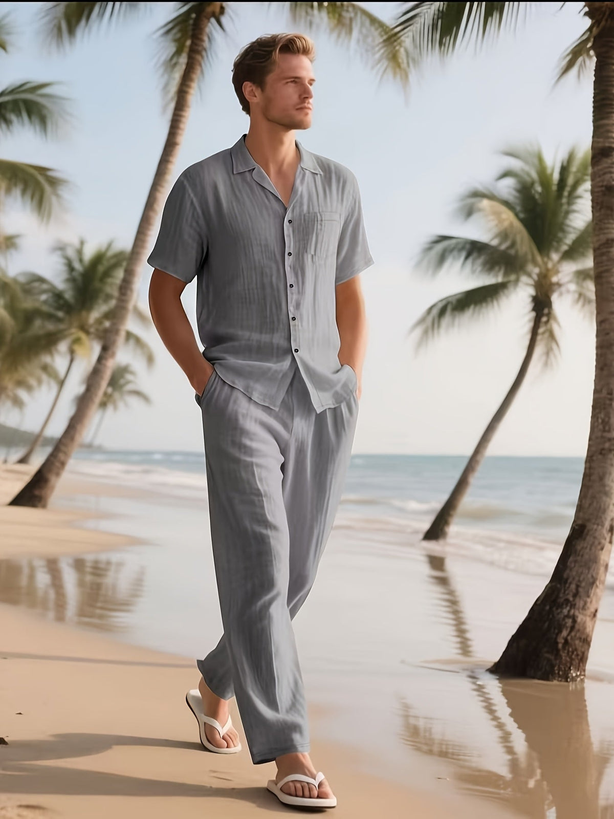 Men's Relaxed Linen Outfit – Lightweight and Breezy with Long Pants and Short Sleeves