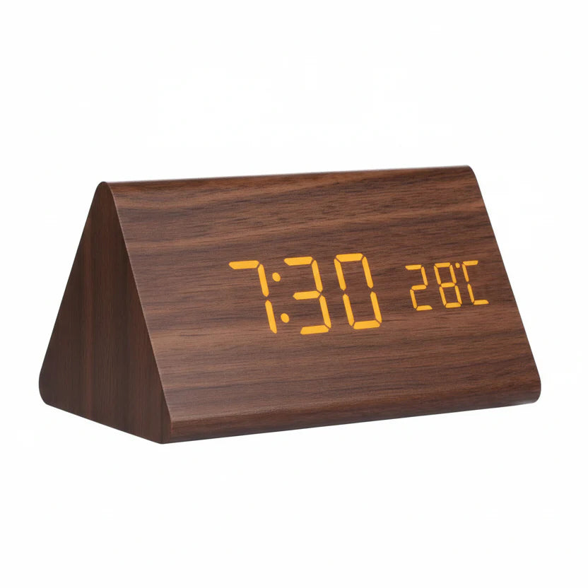 Wooden Look LED Alarm Clock with Three Alarms, Temperature Display, and Adjustable Brightness