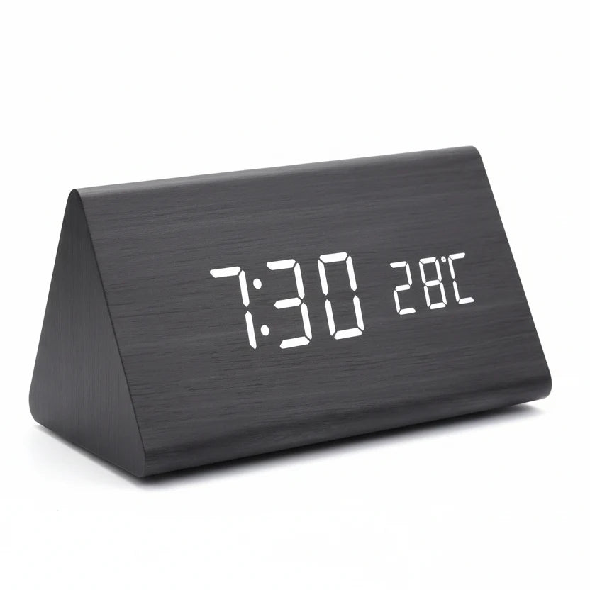 Wooden Look LED Alarm Clock with Three Alarms, Temperature Display, and Adjustable Brightness