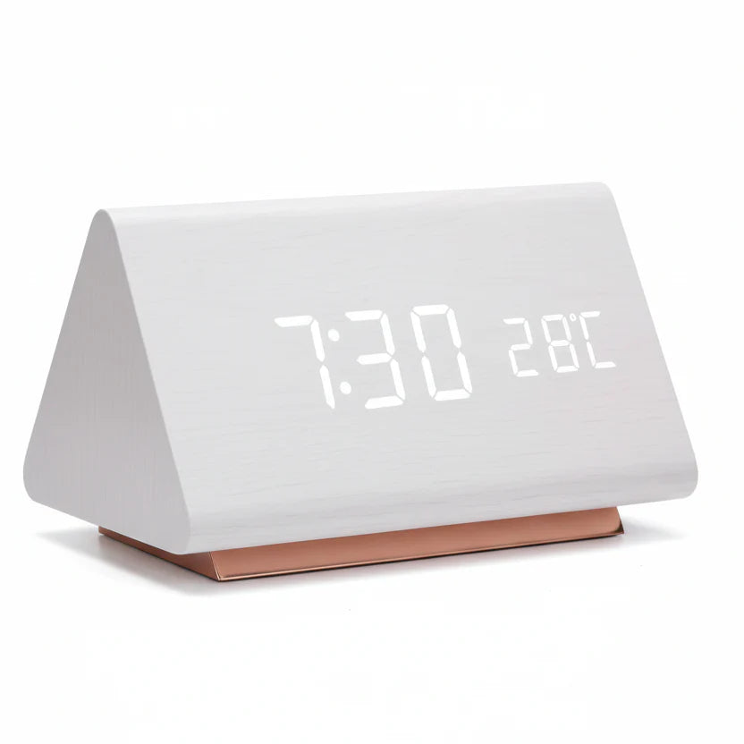 Wooden Look LED Alarm Clock with Three Alarms, Temperature Display, and Adjustable Brightness