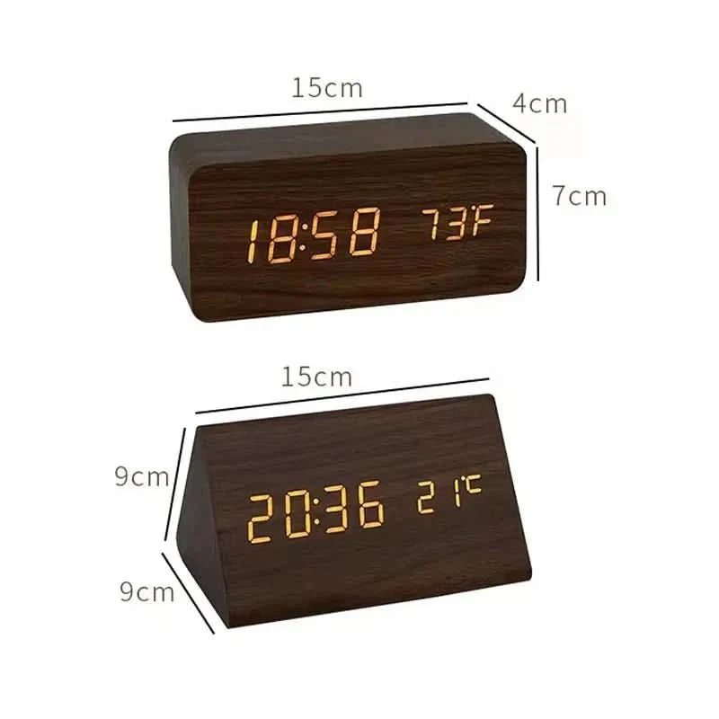 Wooden Look LED Alarm Clock with Three Alarms, Temperature Display, and Adjustable Brightness