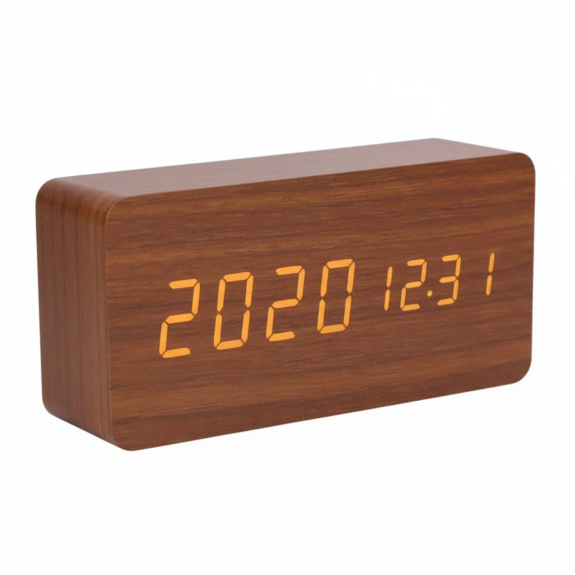 Wooden Look LED Alarm Clock with Three Alarms, Temperature Display, and Adjustable Brightness