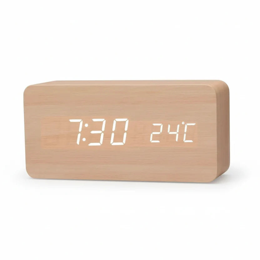 Wooden Look LED Alarm Clock with Three Alarms, Temperature Display, and Adjustable Brightness