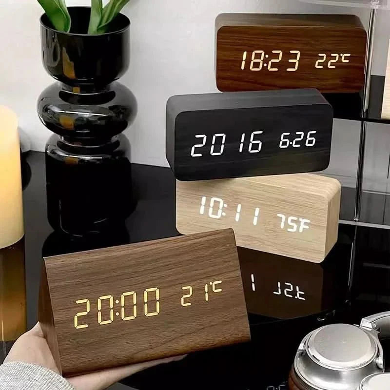 Wooden Look LED Alarm Clock with Three Alarms, Temperature Display, and Adjustable Brightness