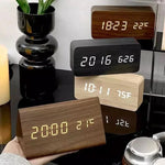 Wooden Look LED Alarm Clock with Three Alarms, Temperature Display, and Adjustable Brightness