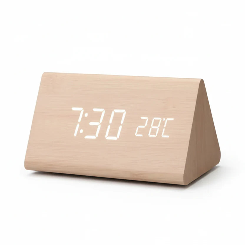 Wooden Look LED Alarm Clock with Three Alarms, Temperature Display, and Adjustable Brightness