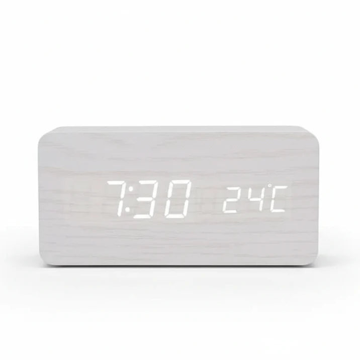 Wooden Look LED Alarm Clock with Three Alarms, Temperature Display, and Adjustable Brightness