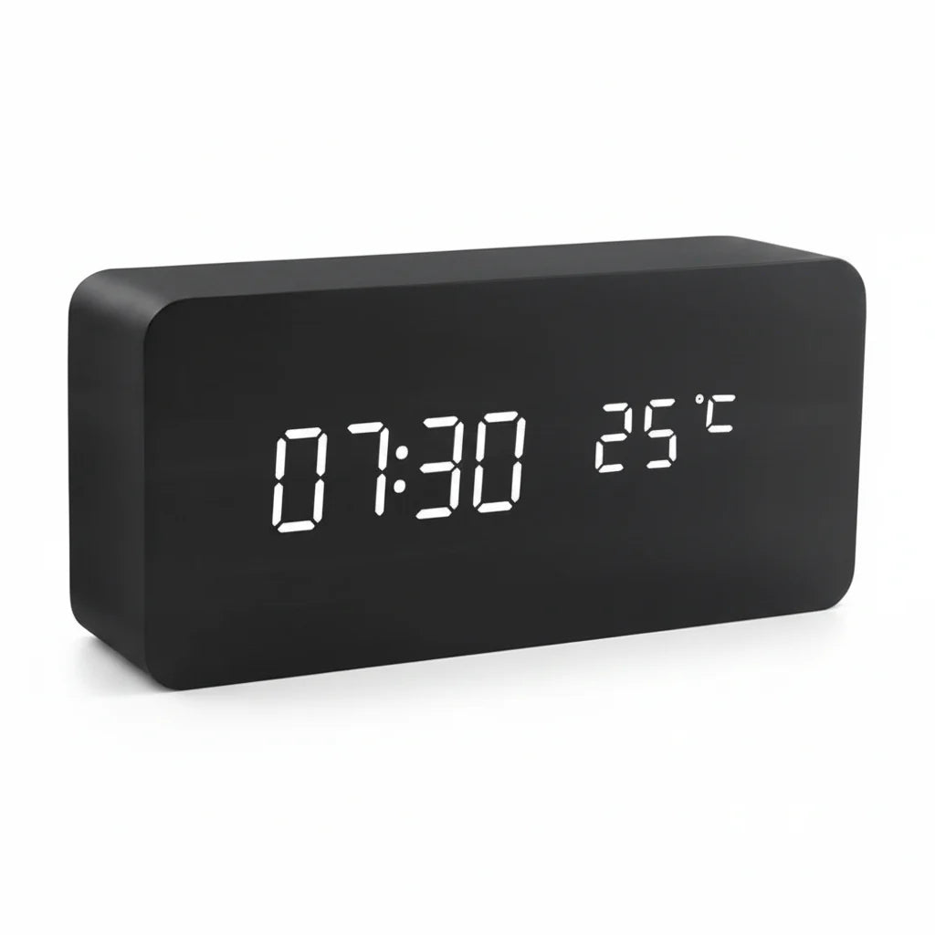 Wooden Look LED Alarm Clock with Three Alarms, Temperature Display, and Adjustable Brightness