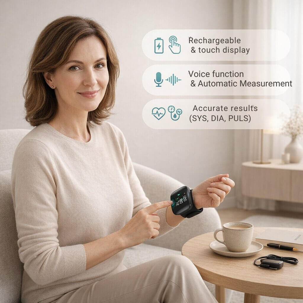 Wrist Blood Pressure Monitor | Touchscreen with Voice Function | Rechargeable