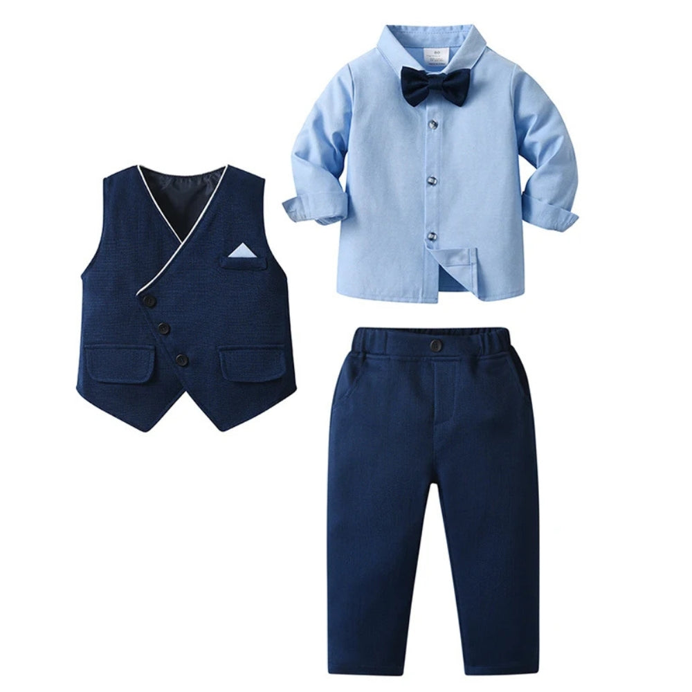Trendy Boys' 3-Piece Suit – Blue Shirt, Vest, Pants, and Bow Tie