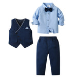 Trendy Boys' 3-Piece Suit – Blue Shirt, Vest, Pants, and Bow Tie