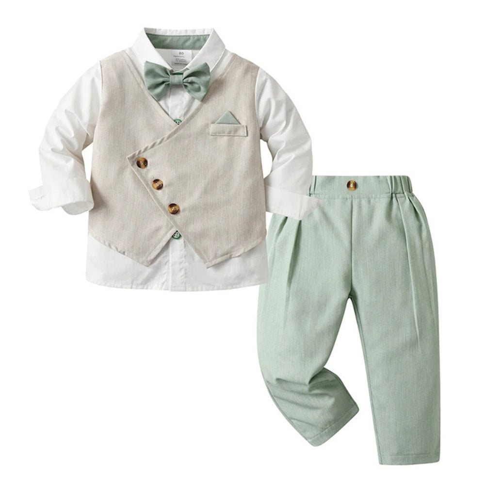 Trendy Boys' 3-Piece Suit – Blue Shirt, Vest, Pants, and Bow Tie