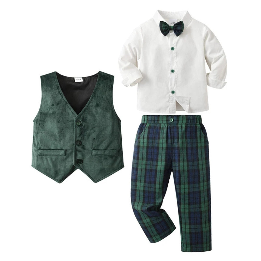 Trendy Boys' 3-Piece Suit – Blue Shirt, Vest, Pants, and Bow Tie