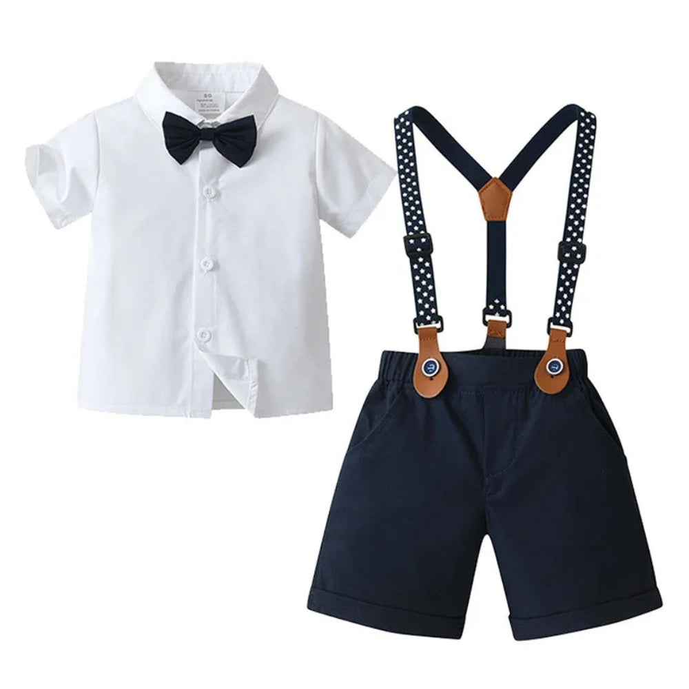 Trendy Boys' 3-Piece Suit – Blue Shirt, Vest, Pants, and Bow Tie