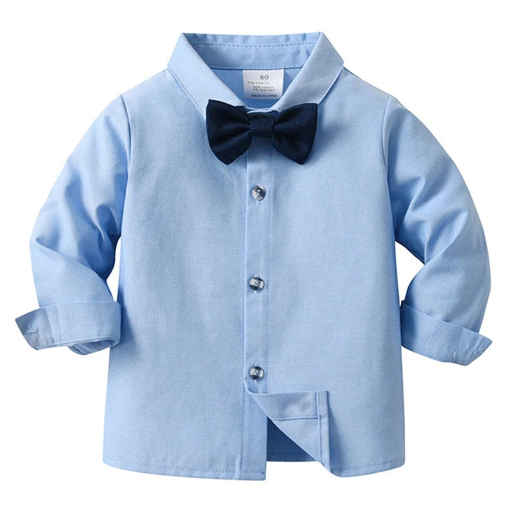 Trendy Boys' 3-Piece Suit – Blue Shirt, Vest, Pants, and Bow Tie