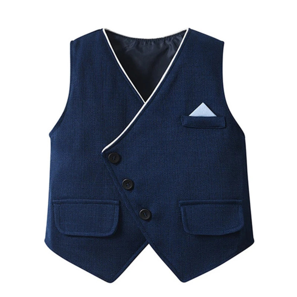 Trendy Boys' 3-Piece Suit – Blue Shirt, Vest, Pants, and Bow Tie