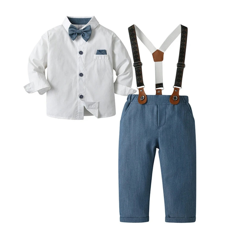 Trendy Boys' 3-Piece Suit – Blue Shirt, Vest, Pants, and Bow Tie