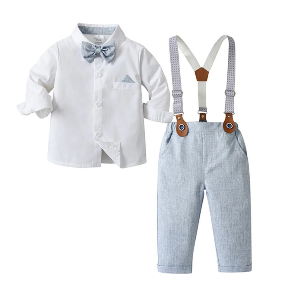Trendy Boys' 3-Piece Suit – Blue Shirt, Vest, Pants, and Bow Tie
