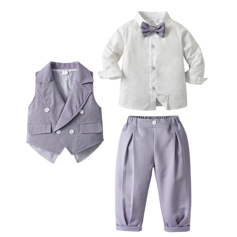 Trendy Boys' 3-Piece Suit – Blue Shirt, Vest, Pants, and Bow Tie