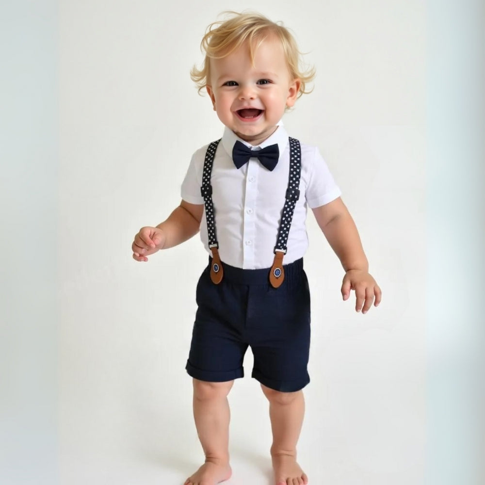 Trendy Boys' 3-Piece Suit – Blue Shirt, Vest, Pants, and Bow Tie