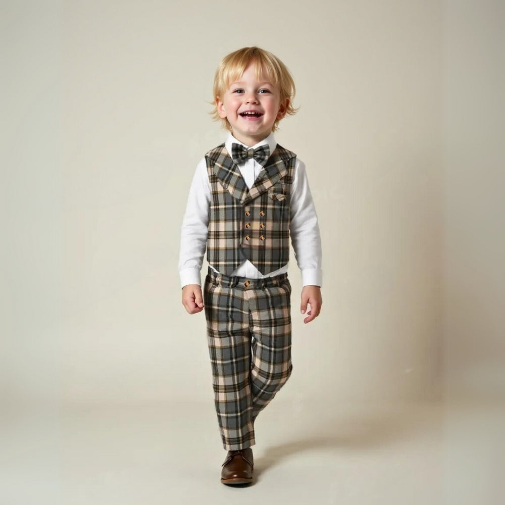 Trendy Boys' 3-Piece Suit – Blue Shirt, Vest, Pants, and Bow Tie