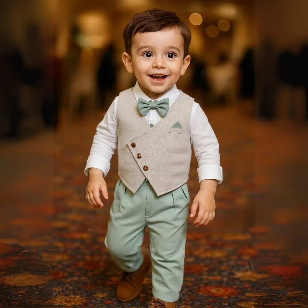 Trendy Boys' 3-Piece Suit – Blue Shirt, Vest, Pants, and Bow Tie