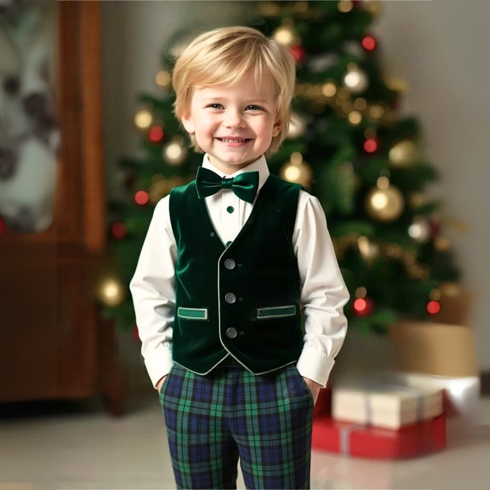 Trendy Boys' 3-Piece Suit – Blue Shirt, Vest, Pants, and Bow Tie