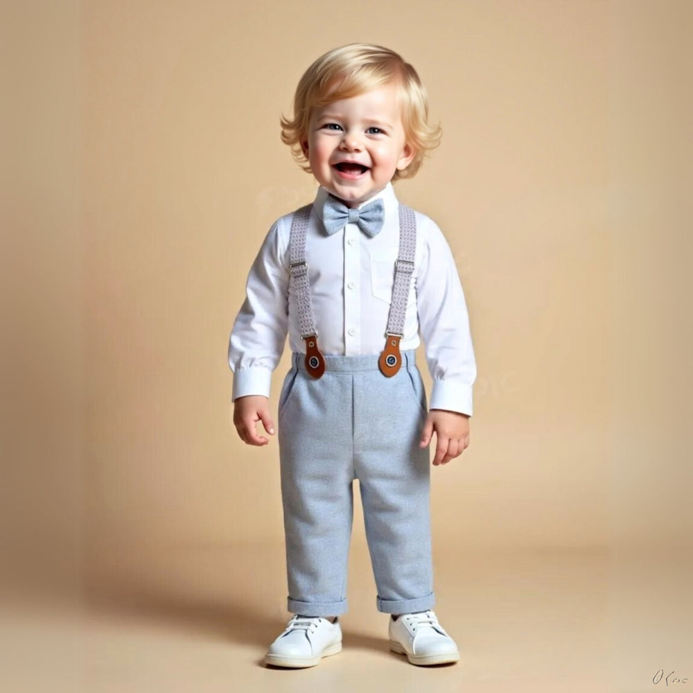 Trendy Boys' 3-Piece Suit – Blue Shirt, Vest, Pants, and Bow Tie