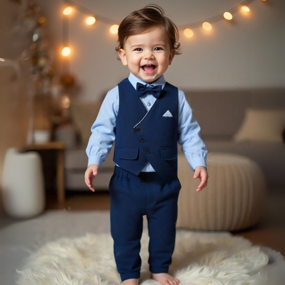 Trendy Boys' 3-Piece Suit – Blue Shirt, Vest, Pants, and Bow Tie