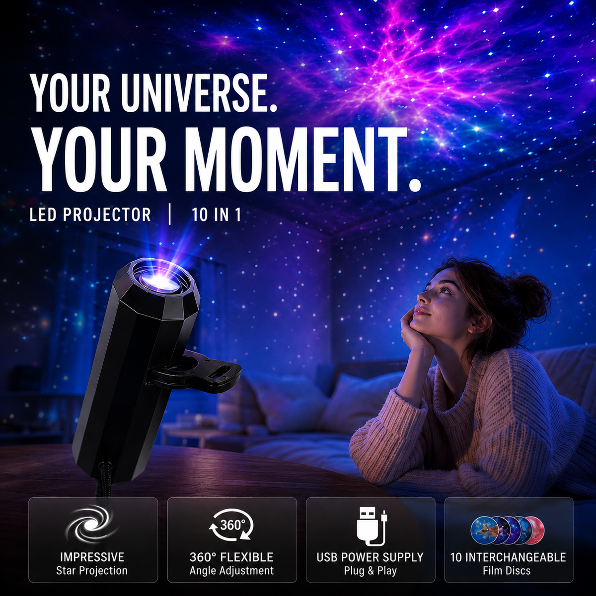 Star Projector with 10 Interchangeable Projection Inserts